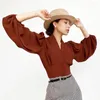 Women's T Shirts Autumn Winter Short-cut Navel Chiffon Shirt V-neck French Long-sleeved Commuter