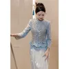 Ethnic Clothing Chinese Style Bride Beading Cheongsam Sparkly Blue Sequins Wedding Dress Toast