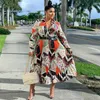 Designer fashion women's plus-size dresses long skirt print pleated color deep V dress with belt large women's dress