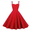 Casual Dresses 2023 Spaghetti Strap Vintage Pinup Dress 50s 60s Women Solid Color Ruched Summer Back Red Blue Black Swing SR0034