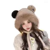 Береты, зимняя шапка с меховыми ушками для девочек, подарки с медведем, взрослые дети Y2K