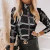 Kvinnors blusar kvinnor sommar mode tryckt hög nackblus toppar damer alla matchar bodycon slim blusa pullover streetwear