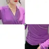 Women's T Shirts 2023 Fall Winter Korean Clothes T-Shirt Fashion Sexy V-Neck Draped Shiny Diamonds Women Tops Long Sleeve Elastic Tees 39074