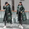 Gabardina para mujer, Parkas largas brillantes para mujer, de manga larga, con capucha de gran tamaño, moda coreana de invierno 2023, chaqueta cálida verde y negra gruesa para mujer