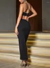 Two Piece Dress BEVENCCEL 2023 Women's Sexy 3D Flower Diamond Black Short Top Asymmetric Skirt Tight Sleeveless Backless 2 Set