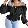 Mulheres camisetas Mulheres Puff Manga Longa Fora Do Ombro Simples Cor Sólida Fit Ruffle Peplum Blusa Shirred Cintura Plissada Top Dropship