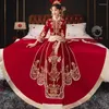 Ethnic Clothing Vintage Sequins Beaded Embroidery Tassel Marriage Suit Chinese Traditional Wedding Cheongsam Bride Bridegroom Qipao Dress