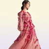 Marchesa 2020 Balo Elbiseleri 3D Çiçek Çiçekleri Uzun Kollu V Boyun Çizgisi Özel Yapımlı Gece Elbise Parti Elbisesi Zemin Uzunluğu 3229501