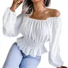 Dames T-shirts Dames Bladerdeeg Lange mouw Off-shoulder Eenvoudig Effen Kleur Fit Ruche Peplum Blouse Gesmokte taille Geplooide top Dropship