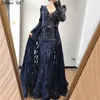 Vestidos de festa sereno colina dubai azul sereia profunda-v cristal sexy mangas compridas luxo formal mulheres noite 2023 plus size la70223