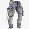 amirs designer homens jeans Amirs nova alta rua Multi Bolso velho azul roupas de trabalho locomotiva lavagem fita jeans marca maré poiso291V