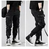 Pantalon de jogging noir pour hommes, Streetwear Hip Hop multi-poches, pantalon Cargo avec ruban en coton, taille élastique, 3191