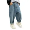 Jeans Jeans da ragazzo Primavera Blu Moda Completo Abbinamento Pantaloni casual per bambini Pantaloni invernali per bambini spessi in lana 10 12 13 230406