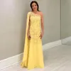 Sarı Denizkızı Dantel Gelin Elbiselerinin Annesi Boncuklu Düğün Konuk Elbisesi Bir Omuz Boyun Yatağı Zemin Uzunluğu Akşam Elbise