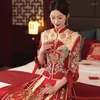 Etnische kleding Traditionele dames rood satijn pailletten Kralen trouwjurk Retro Chinese stijl Trouwen Phoenix borduurwerk Cheongsam