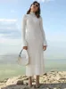 Casual Dresses Women Half High Collar Rib Knitted Sweater Dress Long Flare Sleeve Slim Fit Maxi 2023 Elegant Fall Fashion Robes