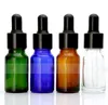 Partihandel Tomglasdropparflaskor 10 ml Amber Clear Blue Green Cosmetics behållare med guld svart mössor