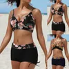 Damen Bademode 2023 Damen Bikini Set Blatt bedruckt ärmellos zweiteilig Damen Boardshorts Badeanzug und gestreifter Badeanzug