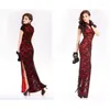 Ethnische Kleidung 2023 Sommermode Chinesisches traditionelles Kleid Design Lange Cheongsam Kurze Ärmel Sexy Split Spitze Abendkleider
