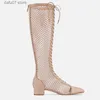 Stiefel Chic Mesh Patchwork Wildleder Crosstie Sommer Kniestiefel Chunky Heel Square Toe Frau Gladiator Fishnet Lace-Up Hollow Out Botas T231106