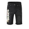 Mäns shorts byxa hiphop motorcykel blomma bokstav denim tvättade nödställda män high street jean muskel homme