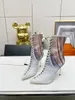 Neue hochwertige Luxus-Schnürstiefel mit Reißverschluss und Druck, hochwertiges echtes Leder, gemischte Farben, dünne High-Heel-Booties, modische, sexy, elegante Runway-Schuhe