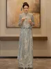 Ethnic Clothing Chinese Style Bride Beading Cheongsam Sparkly Blue Sequins Wedding Dress Toast