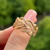 Cluster Rings Huitan Modern Design Female Finger-ring With Bling CZ Stone Gold Color Hollow Out Wide Statement Jewelry For Women Gift