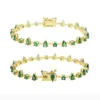 Belle Multi Vert Goutte D'eau Ronde Zircon Bracelet Élégant Bracelet Boucles D'oreilles Hip Hop Plaqué Or Pavé Zircone Cubique Femmes Parti Cadeau En Gros Ensemble de Bijoux