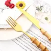 Geschirr-Sets Drmfiy 4/6/10-teiliges Gold-Messer-Set aus Edelstahl mit Bambusgriff, Geschirr, Küche, westliches Abendessen, Messer, Besteck