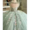 Vestido De quinceañera con borlas y cuentas verde menta con cordones y hombros descubiertos flores 3D apliques corsé dulce 15 Vestidos De