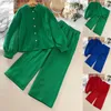 Zestawy odzieży Dziewczęta Autunia Zestawy do ubrania z długim rękawem Zielone topy+spodnie 2pcs Ostra dla dziewcząt lata ubrania dla dzieci R231106