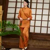 Ethnische Kleidung Herbst chinesischen Stil Stehkragen lässig Langarm Top Retro hohe Taille weites Bein Hosen Stickerei Set für Frauen S-XXL