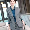 Frauen Zweiteilige Hosen Hohe Qualität Damen Frauen Winter Grau Karierten Hosenanzug Für Büro Business Arbeit Weibliche Set Blazer und Hose