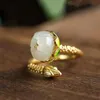 Cluster Rings Ancient Gold Craftsmanship Natural Hetian White Jade Flower Plant Flowering Adjustable Ring Chinese Style Charm Womens Je