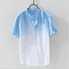 Camisas informales para hombre, camisetas de manga corta con botones transpirables finas de Color degradado de lino para hombre, blusa de camisa de manga corta para hombre