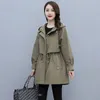 Women's Trench Coats Spring and Autumn 2023 Midlength Coat Hooded Zipper Tiein Jackets British Style Loose Coat's Clothing 230404