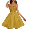 Uma linha curta cintas de espaguete vestidos de baile brilho princesa mini ocasião formal aniversário baile formatura cocktail vestidos hd1006