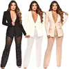 Frauen Zweiteilige Hosen Casual Frauen Trainingsanzug Set Perlen Jacke Mantel Lange Sheer Mesh Büro Dame Mtatching Kleidung Für Outfit