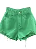 Women's Shorts Women's denim shorts High waisted casual solid zipper flying fashion shorts Loose sexy green A-shaped pants summer 230406