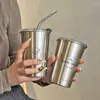 Bottiglie d'acqua Ins Tazza di caffè Thermos Bottiglia in acciaio inossidabile Paglia Ghiaccio Tazza americana Boccetta per vuoto a doppio strato Coppia 230406