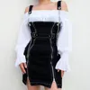 Robes Décontractées Femmes Gothique Fermeture Éclair Avant Chaîne Sangle Underbust Noir Jumper Robe Globale Hors Épaule Punk Femme Jarretelles Dos Nu