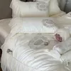 Bettwäsche-Sets Prinzessin Hochzeit Set Luxus Chiffon Spitze Stickerei 3D Blumen Bettbezug Beige Bettlaken Kissenbezüge aus ägyptischer Baumwolle