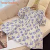 Vestidos de meninas urso líder líder bolha manga princesa verão crianças usam menina bebê retrô floral fofo 230406