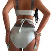 Frauen Bademode Patchwork Kreuz Bandage Bikinis 2023 Hohe Taille Zwei Stücke Badeanzug Frauen Bikini Set Badeanzug