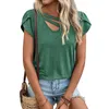 Solid Color V Neck Petal Sleeve Loose Tshirt Women Summer Sexig Vintage Hollow Casual Pullover Bekväm enkel Basic Shirt Top 2304034