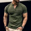 Men's T Shirts Fashion Stand Collar Button-up Solid Color Slim Tops Men Polo Summer Casual Short Sleeve Pullover Tees Mens Leisure Shirt