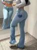 Kobiety S Jean Trumpet Slim Sexy Love Print Drukuj dżinsowe spodnie rogu y2k wysokim talia swobodny rozkloszowany długie spodnie streetwear odzież Kobieta 230404