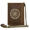 Wallets High Quality Men Genuine Leather Wallet Anti Theft Hasp With Iron Chain Vintage Viking Symbol Cover Card Holder Short Purse