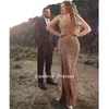 Party Dresses Gold Diamonds Crystal Mermaid Evening Sweetheart High Split Dubai Saudi Arabic Formal Gown